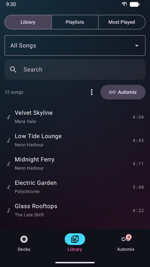 The music library with songs, playlists and search