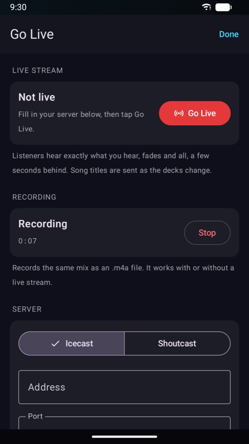 Go live and record settings