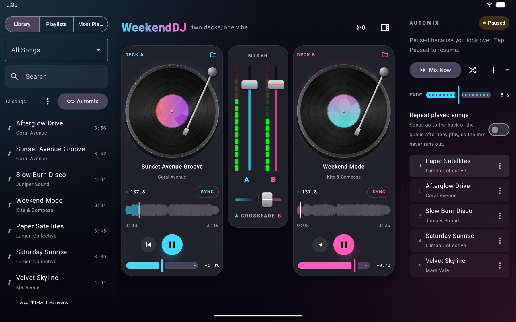 WeekendDJ on a tablet with the library, two decks, mixer and Automix queue